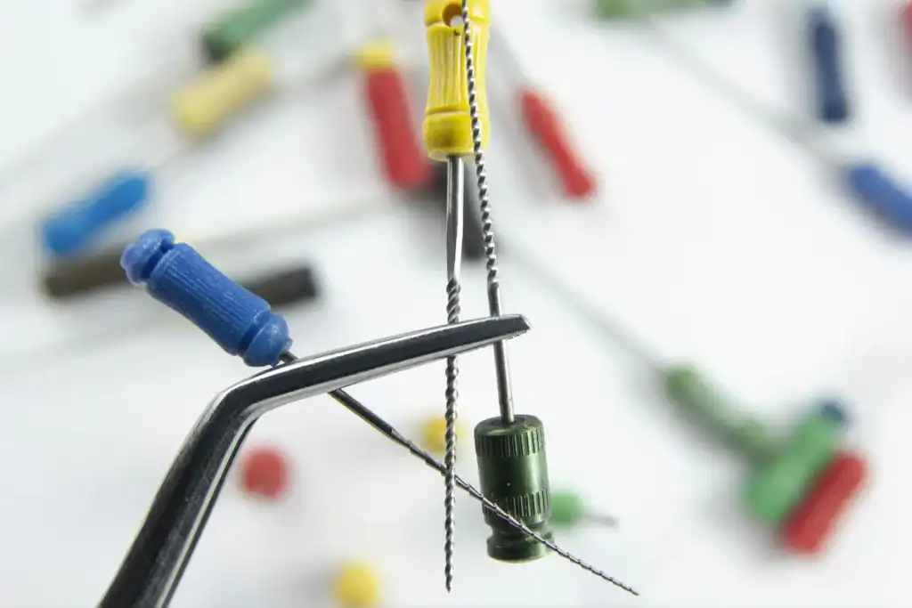 Tweezers holding a fine root canal file