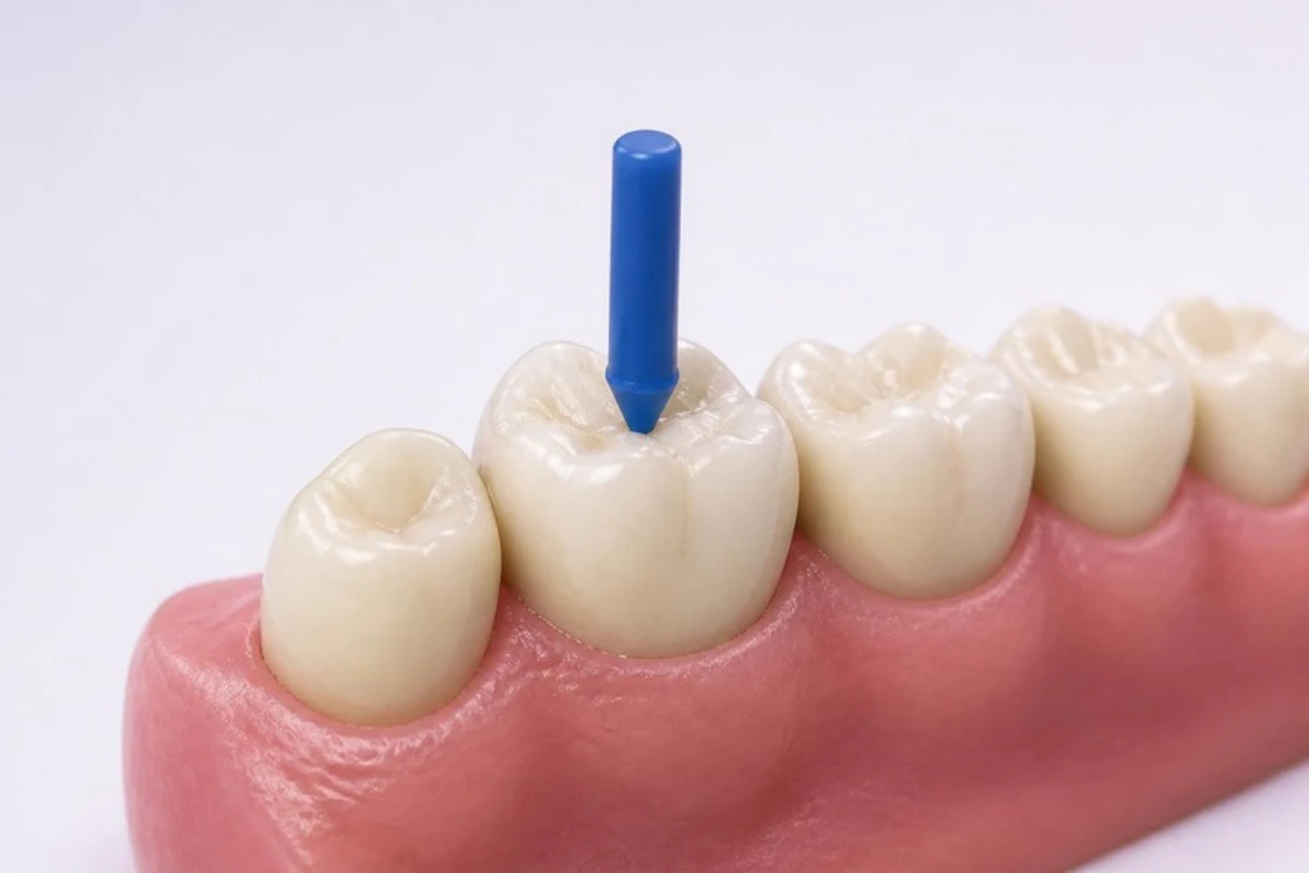 3D插图:牙龈上的一排下后牙,一根小的蓝色塑料咬合棒立在磨牙的一个牙尖上,用于咬合测试