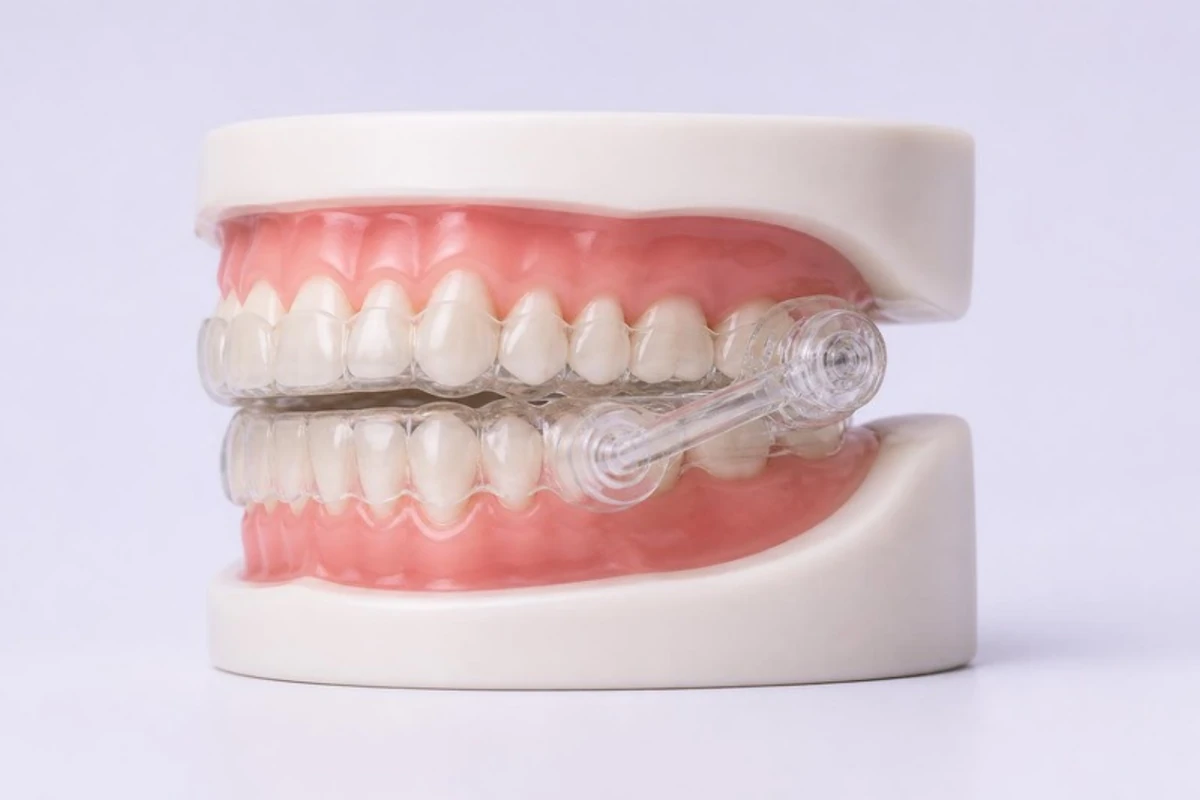 3D插图:佩戴两件式下颌前移装置的牙齿模型——上下透明牙托由侧面连接件相连,使下颌略微前伸