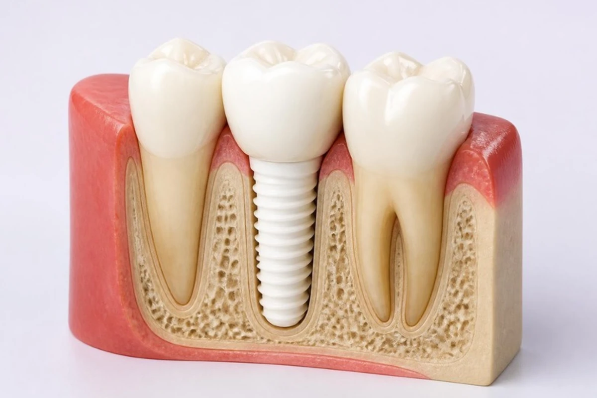 3D cutaway model of a jaw segment: a white ceramic (zirconia) implant in the bone with a crown on top, between two natural teeth with their roots