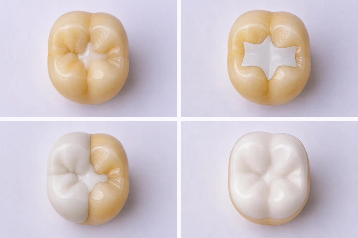 3D插图:同一颗后牙从上方观察的四种情形——沟内小范围充填、填满牙尖之间中央的嵌体、覆盖中央及一侧牙尖的高嵌体,以及覆盖整个咬合面的牙冠