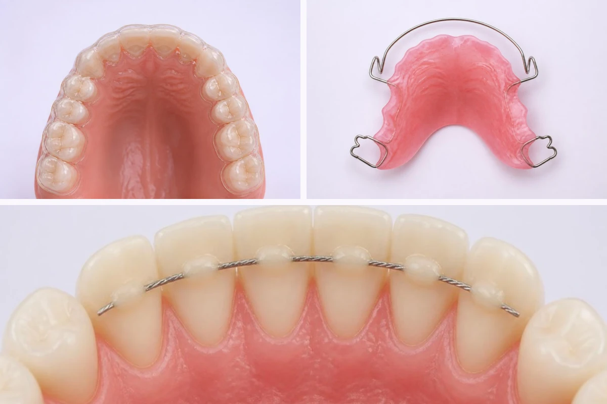 3D插图:三种保持器——覆盖上牙的透明活动保持器;Hawley保持器,带贴合上腭的粉色树脂基托、两侧有U形曲的唇弓和后牙钢丝卡环;以及粘在下前牙舌侧的细固定丝