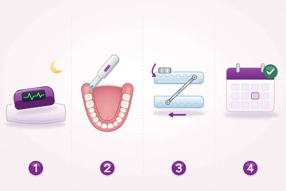 Illustration of the path for a snoring appliance: a sleep test with a fingertip oxygen sensor, a dental scan, the two-piece appliance that holds the lower jaw forward, and follow-up visits